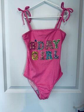 Lola + the Boys Pink Sequin "B'DAY GIRL" One-Piece Swimsuit
